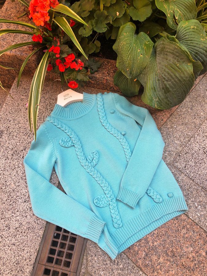 Blue wool sweater with braids, Blue, S