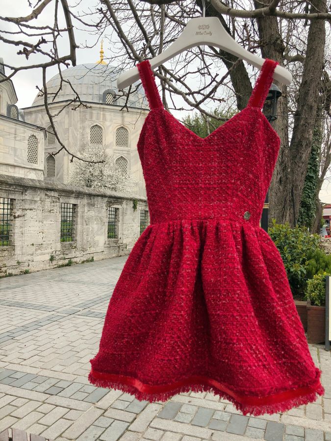 Red tweed dress with velvet straps, Red, XS, Mini