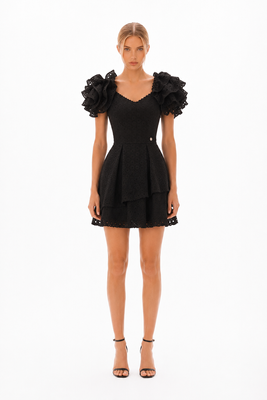 Black embroidered batiste dress with volumetric rose sleeves, Black, XS, Mini
