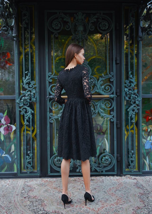 Black guipure midi dress with square-cut neck, Black, XS, Below the knee
