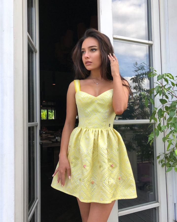 Yellow silk jacquard dress with beads, Yellow, XS, Mini