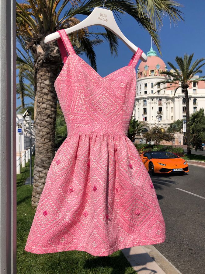 Розовое шелковое жаккардовое платье расшитое бусинами, Розовый, XS, Мини