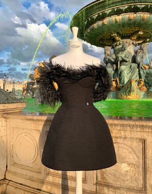 Black dress with Push Up cups and dropped sleeves embroidered with feathers, Black, XS, Mini