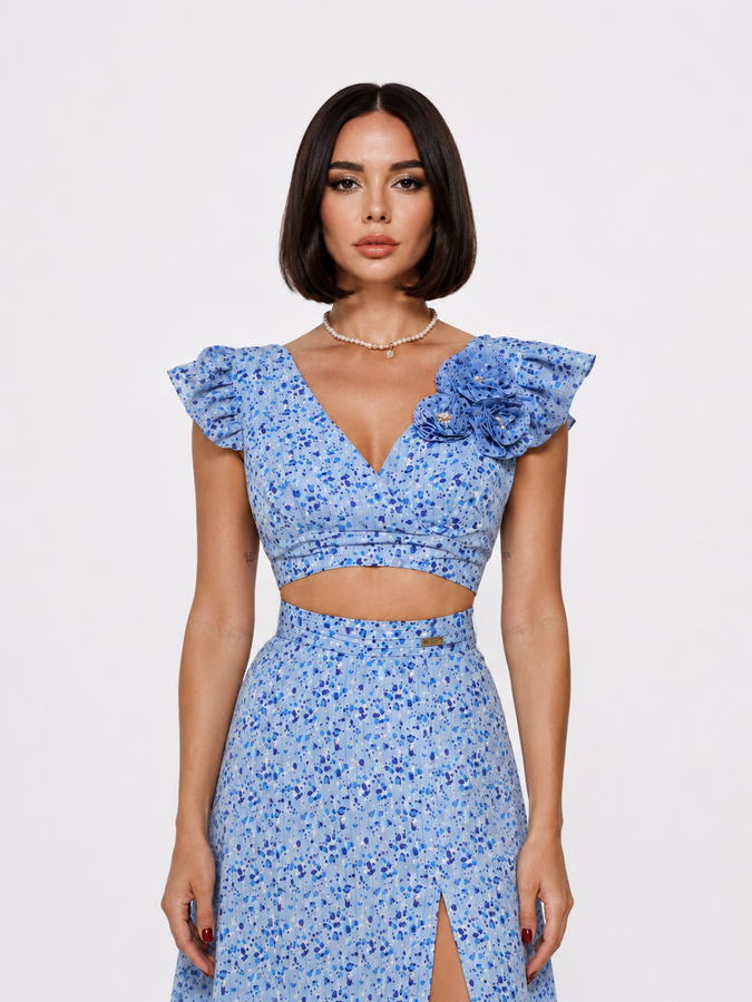 Azure open back chiffon wrap top and midi skirt, Blue, XS