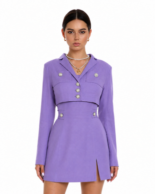 Lilac linen mini dress with pearl buttons and cropped blazer with pearl buttons, Lilac, XS