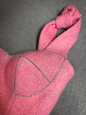 Wool pink top with Push Up cups embroidered with crystal ribbon, Pink, XS