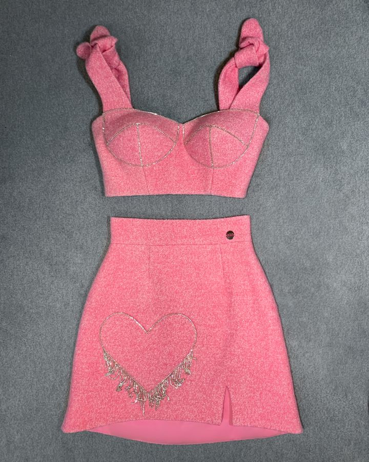 Wool pink top with Push Up cups embroidered with crystal ribbon, Pink, XS