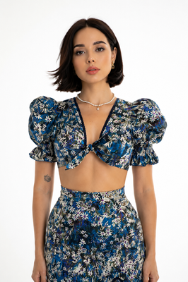 Blue printed organic viscose top, XS