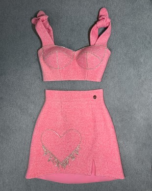 Розовая шерстяная юбка с сердцем, Розовый, XS, Мини