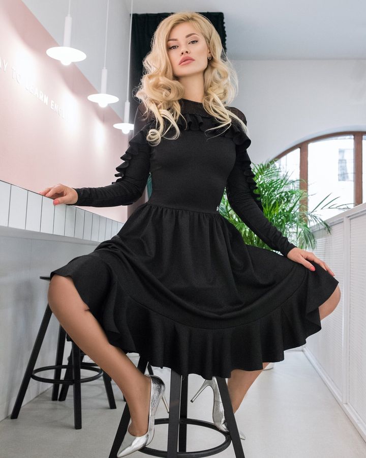 Black stretch long sleeve midi dress, Black, XS, Below the knee