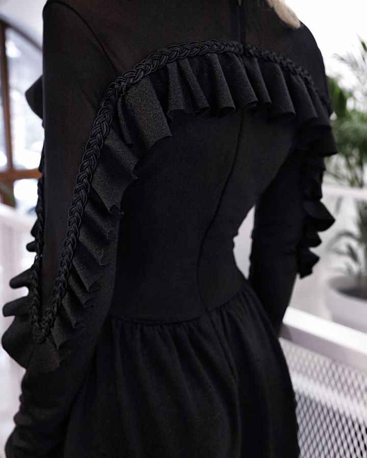 Black stretch long sleeve midi dress, Black, XS, Below the knee