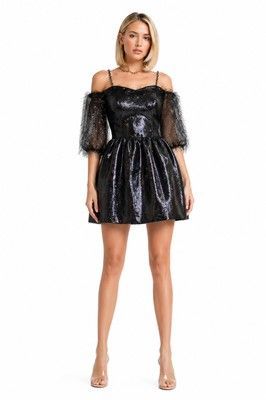 Black brocade dress with sheer sleeves and chain shoulder straps, Black, XS, Mini