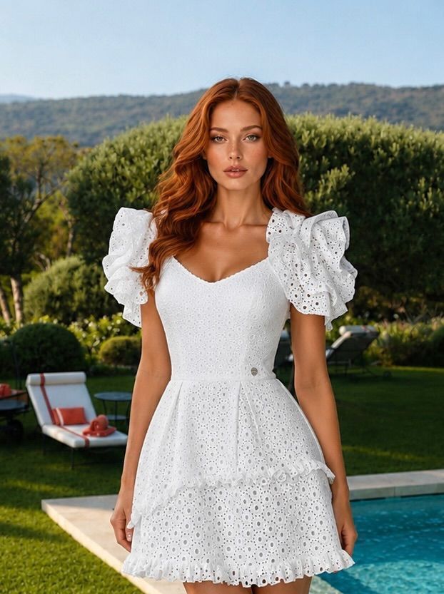 White embroidered batiste dress with volumetric rose sleeves, White, XS, Mini