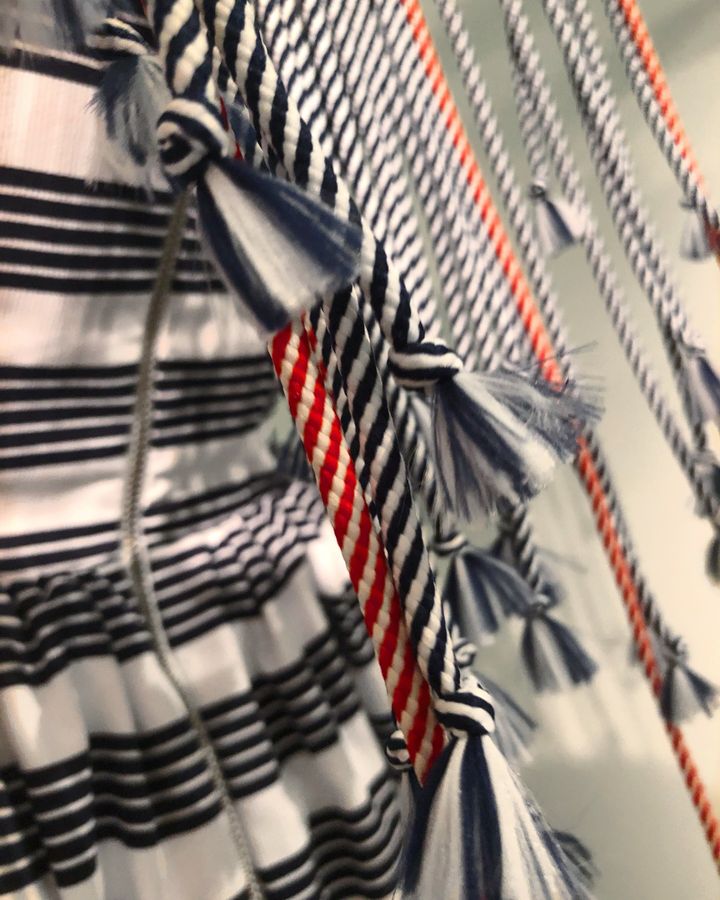 Cotton blue stripes dress with ropes, White, S, Mini