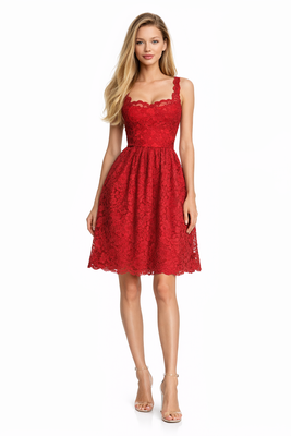 Red guipure dress with a square neckline, Red, XS, Below the knee