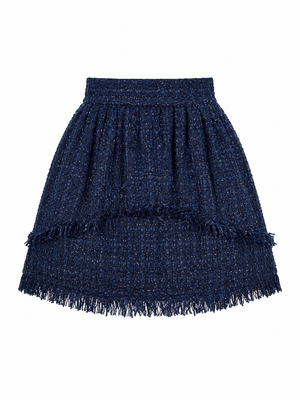 Double flounce dark blue tweed skirt, Blue, XS, Mini