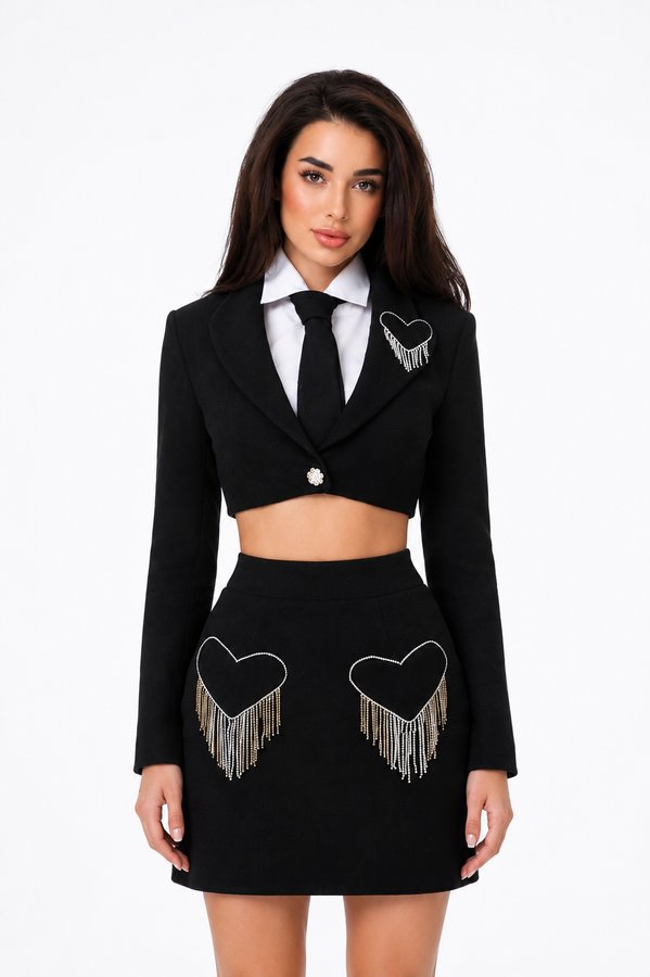 Black wool suit embroidered with crystals with shirt and tie, Black, XS