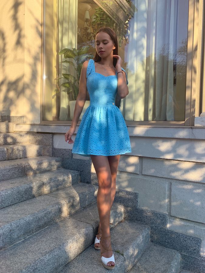 Sky blue tie shoulder embroidered cotton batiste dress, Blue, XS, Mini