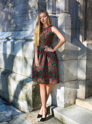 Jacquard midi dress with red roses 3D embroidery, Assorted, XS, Below the knee