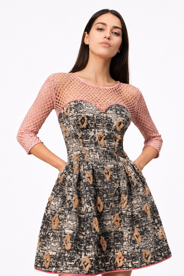 Monochrome caramel argyle jacquard dress, XS, Mini