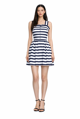 Cotton sundress in dark blue and white stripes on the straps, S, Mini