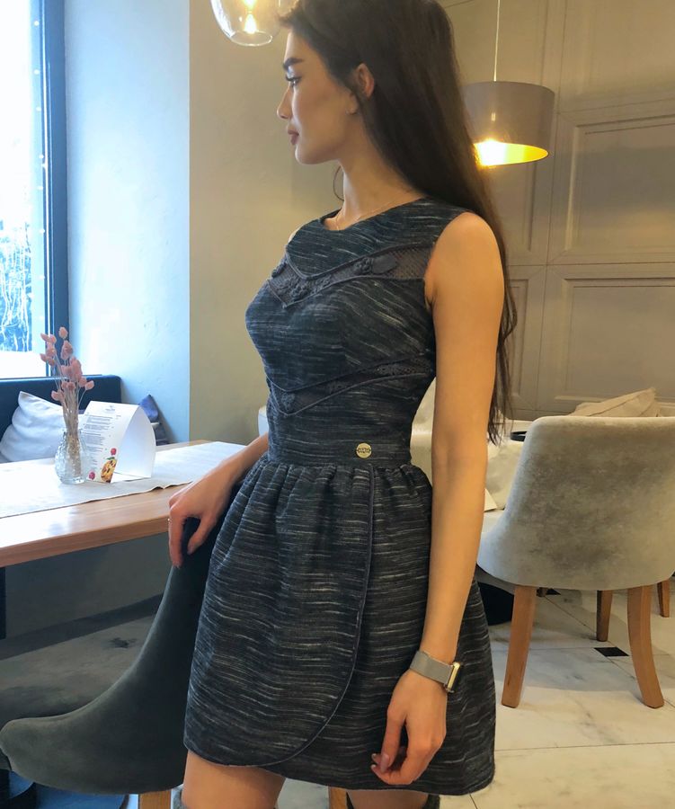 Grey wool jacquard dress with irish lace, Gray, XS, Mini