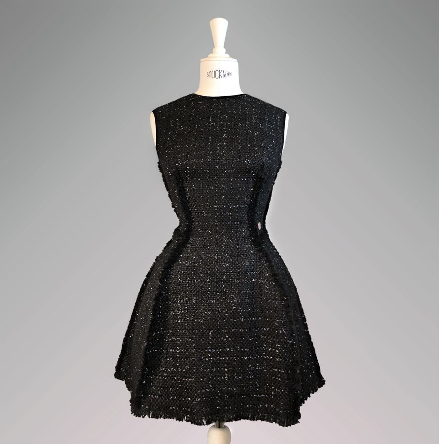Чорное твидовое платье без рукава, Черный, XS, Мини