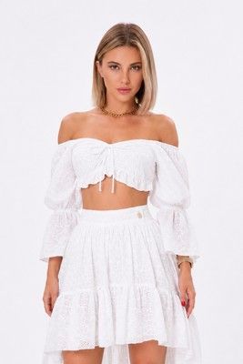 White embroidered cambric long sleeve top, White, XS