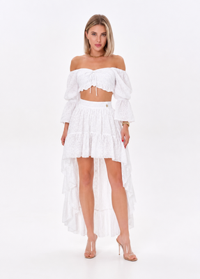 White embroidered cambric asymmetric maxi skirt, White, XS