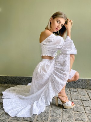 White embroidered cambric asymmetric maxi skirt, White, XS