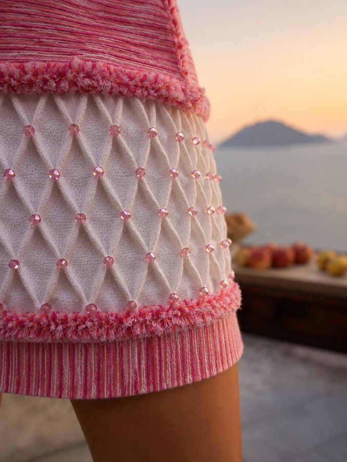 Pink cotton jacquard dress with Swarovski beads, Pink, XS, Mini