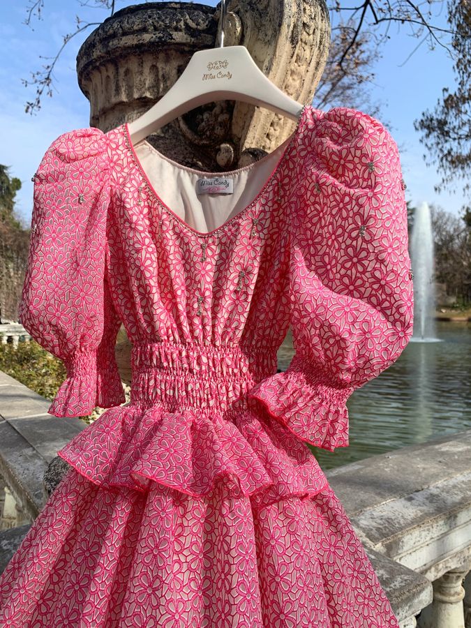 Cotton jacquard pink dress embroidered with crystal ribbon, Pink, XS, Mini