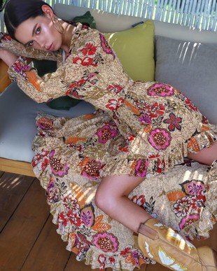 Asymmetrical floral chiffon maxi dress with golden thread, Brown, XS, Maxi