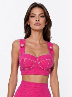 Cotton pink top with Push Up cups embroidered with crystal ribbon, Pink, XS