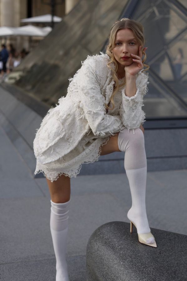 White Ribbed Over-the-Knee Socks, White, one size