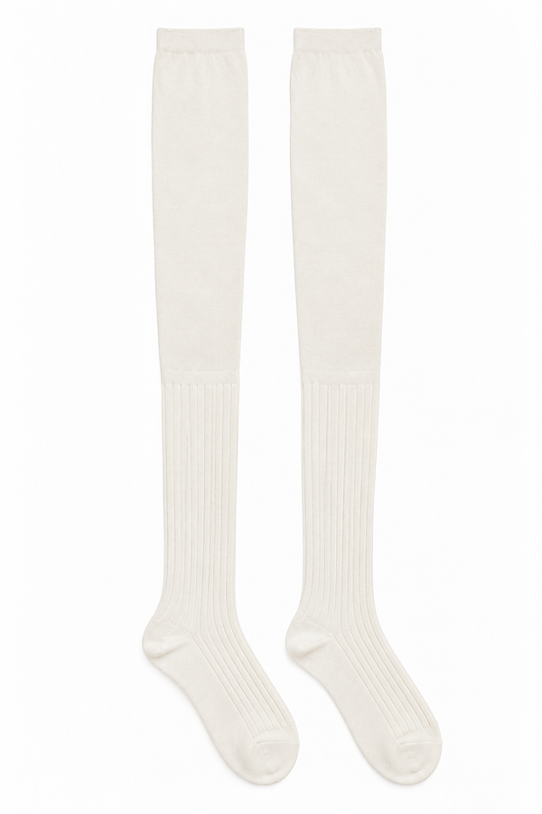 White Ribbed Over-the-Knee Socks, White, one size