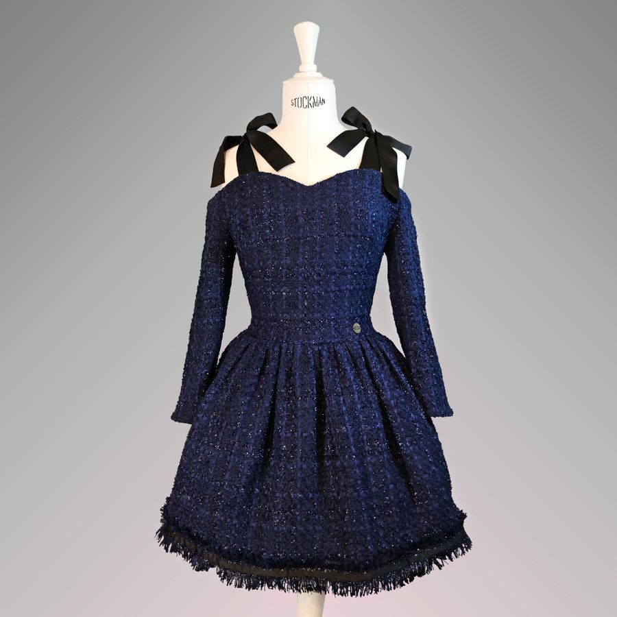 Dark blue tweed dress with bows, Dark blue, XS, Mini