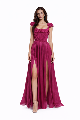 Fuchsia silkaline plisse floor length dress, Fuchsia, XS, Maxi