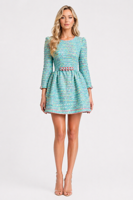 Turquoise tweed dress with pink beads, Turquoise, XS, Mini