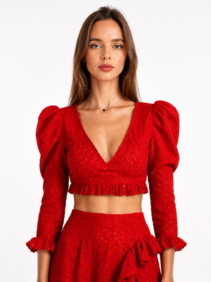 Red embroidered cotton batiste top with cups, Red, Custom made