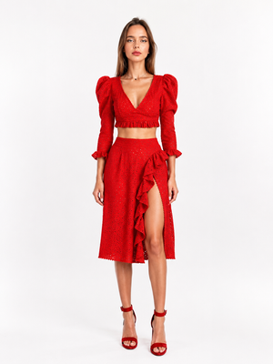 Red midi embroidered cotton batiste skirt, Red, Custom made