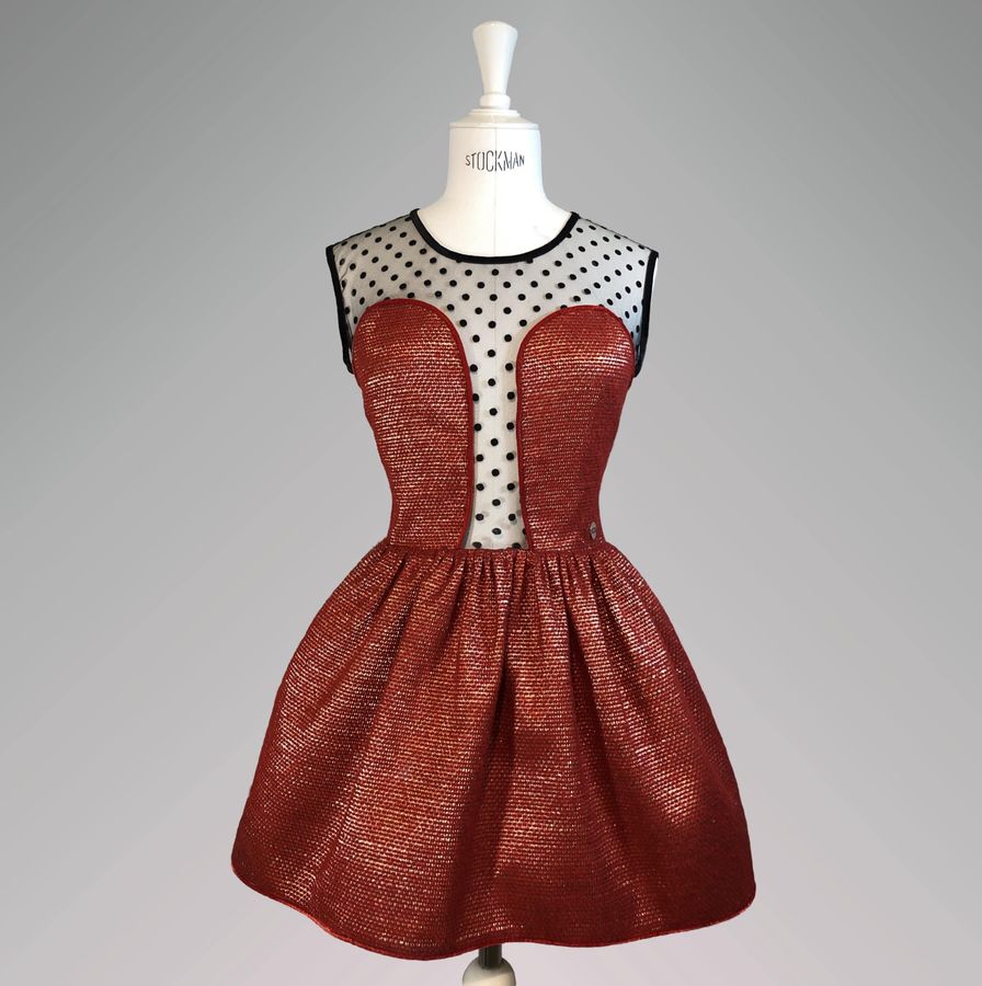 Красное жаккардовое платье с вырезом открытое сердце, Красный, XS, Мини