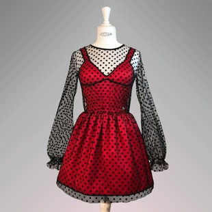 Red satin bodice dress covered by blsck velvet dotted net on top, Red, XS, Mini