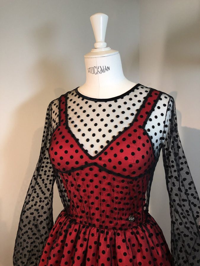 Красное атласное платье с черной бархатной точкой, Красный, XS, Мини