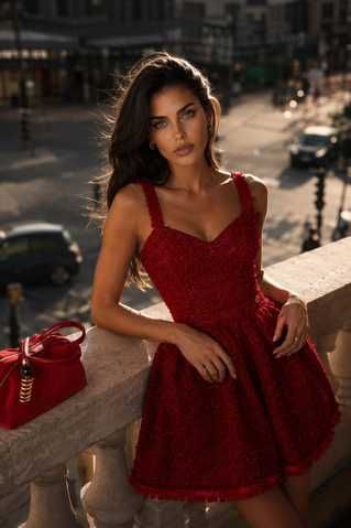 Red tweed dress with velvet straps - Miss Candy official website
