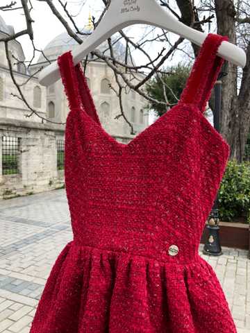 Red tweed dress with velvet straps - Miss Candy official website