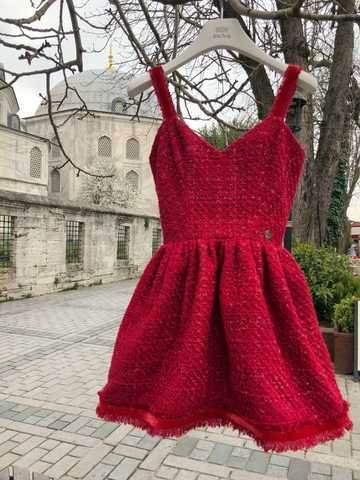 Red tweed dress with velvet straps - Miss Candy official website