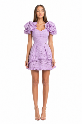 Lilac embroidered batiste dress with volumetric rose sleeves, Lilac, XS, Mini